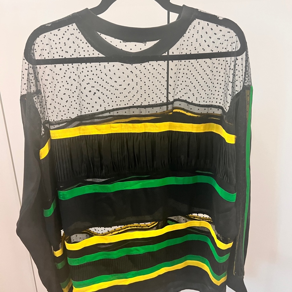 Chic Sheer Black Blouse with Vibrant Stripes
